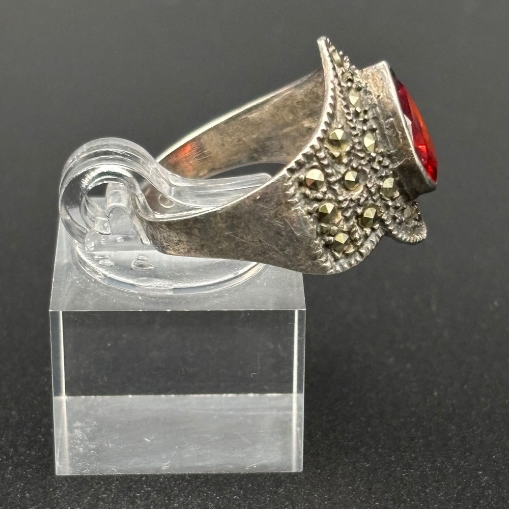 Vintage Sterling Silver Ring Red Glass Marcasite Art Deco Style Marsala Sz 7.75